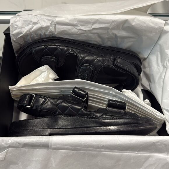 Authentic! BLACK Chanel Quilted Leather Dad Sandals box & dust covers SIZE 38C - Picture 8 of 10